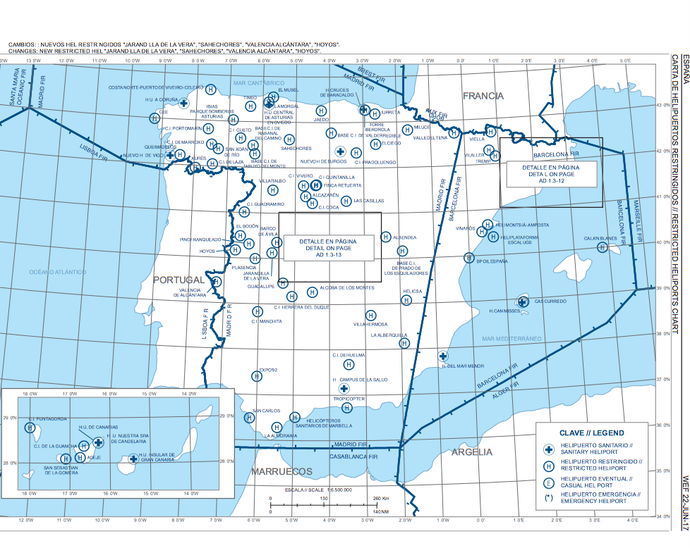 MAPA DE HELIPUERTOS RESTRINGIDOS EN ESPAÑA